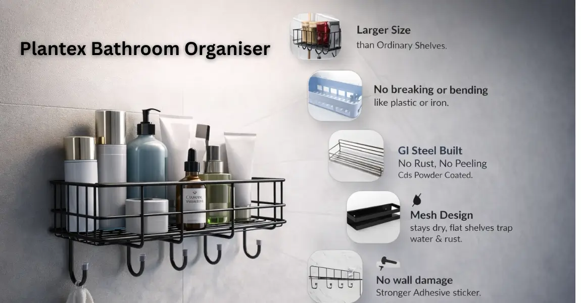 Plantex Bathroom Organiser Without Drill is a self-adhesive wall-mounted shelf made from GI steel details (AI genrated image)